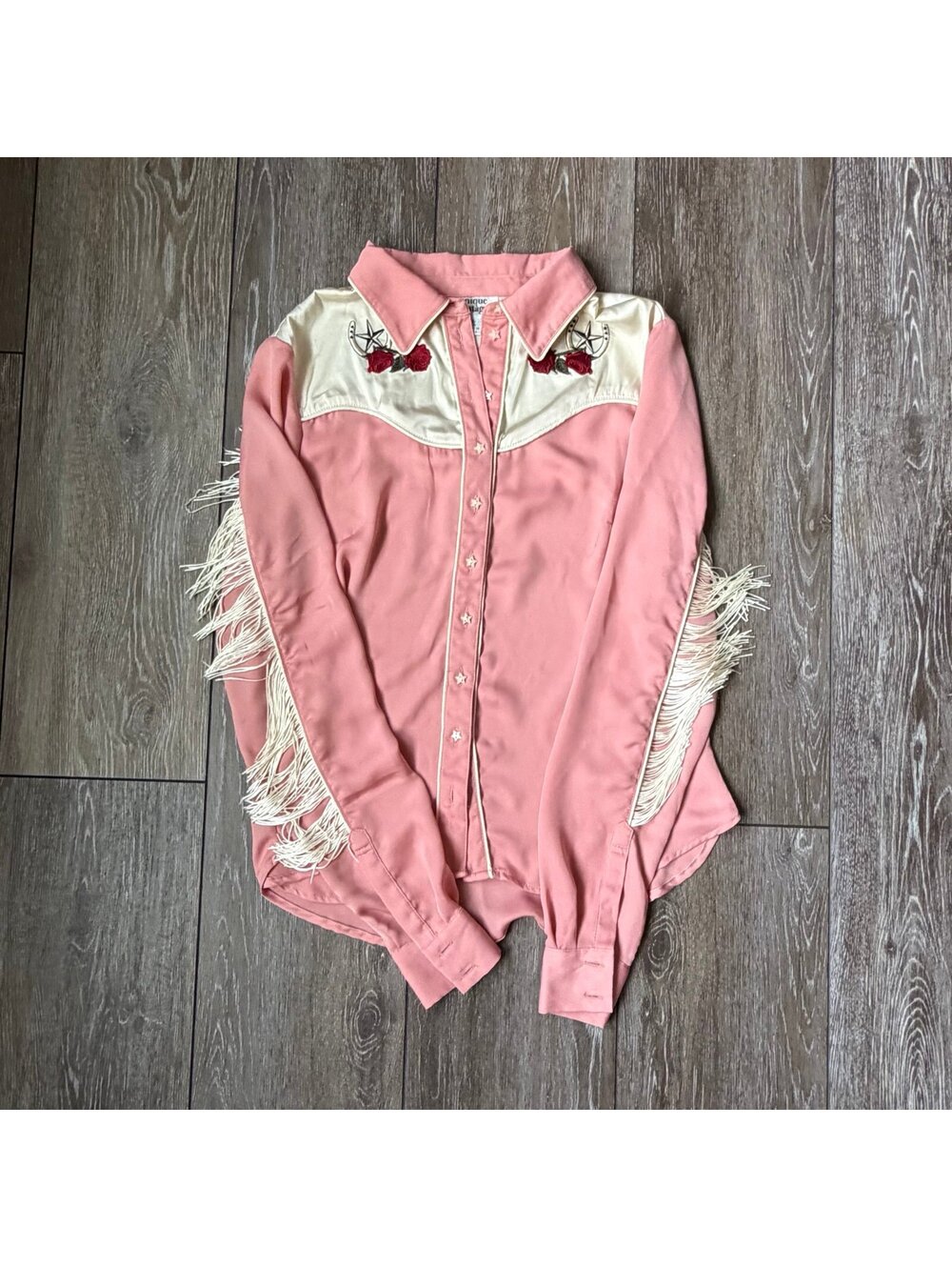 Unique Vintage Western 1970’s Shirt Pink Fringe Rodeo Embroidered